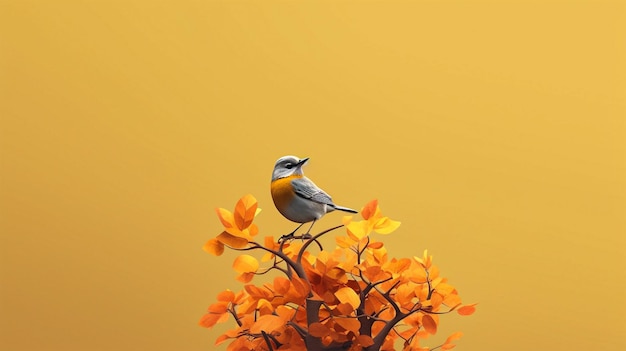 Moderno uccello minimo sull'albero e il fogliame con colore pastello felice allegro giocoso divertente generativo Ai
