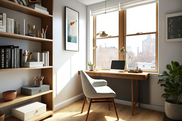 Moderno ufficio domestico di New York Sedia bianca scrivania in legno e libreria a parete un'enorme finestra panoramica Workfromhome mockup