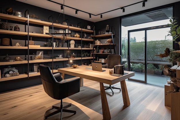 Moderno ufficio minimalista con vista urbana dal design elegante e generativo IA