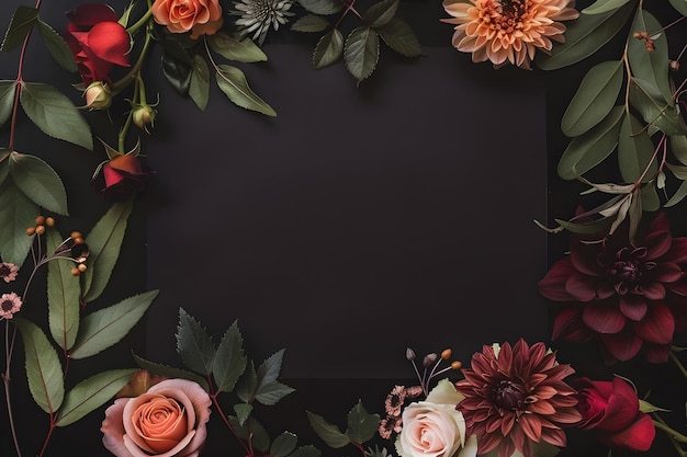 Modesto elegante piatto nero floristico invito di saluto cartolina con modello di spazio di copia