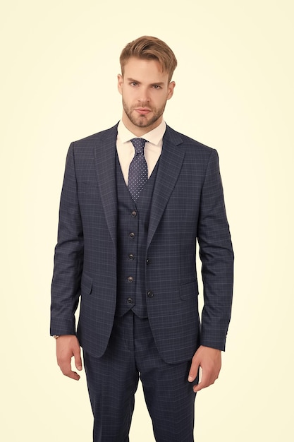 Modo professionale e aspetto intelligente Uomo bello in tailleur isolato su bianco Impiegato colletto bianco Stile di moda formale Occupazione professionale e carriera Vestirsi professionalmente