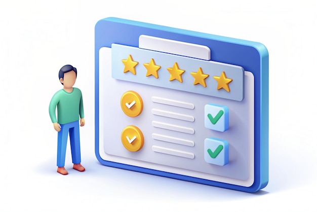 Modulo di sondaggio 3D con finestra di recensione del cliente Sondaggio di feedback online o concetto di recensione Trendy e m