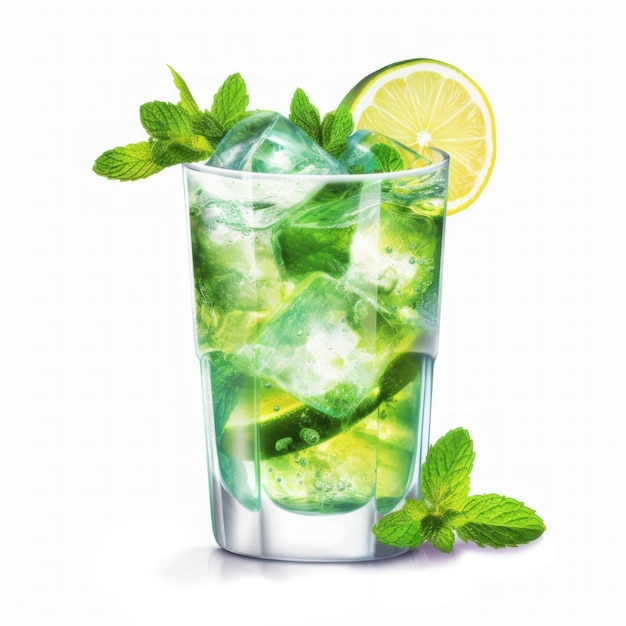 Mojito alcolico o bevanda analcolica nojito in bicchiere con menta lime e cubetti di ghiaccio IA generativa