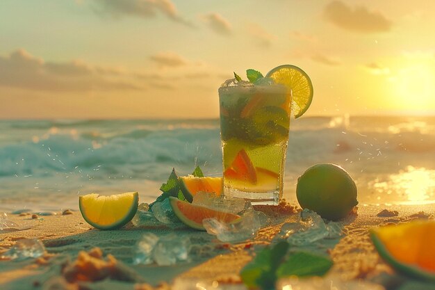 Mojito cocktail con citrus, lime, limone e arance sulla spiaggia