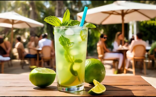 Mojito rinfrescante con frutta e ombrello al club di intrattenimento all'aperto