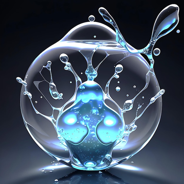 Molecola all'interno di una bolla liquida essenza cosmetica su sfondo scuro di acqua IA generativa