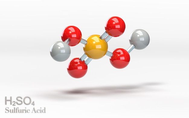 Molecola di acido solforico H2SO4 con idrogeno zolfo e atomi di ossigeno rendering 3d