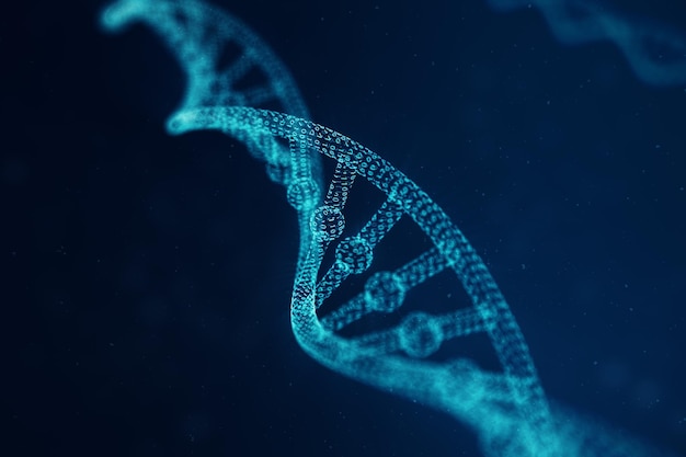 Molecola di DNA dell'intelligenza artificiale. Genoma del codice binario di concetto. Scienza della tecnologia astratta, Dna artificiale concettuale. illustrazione 3D