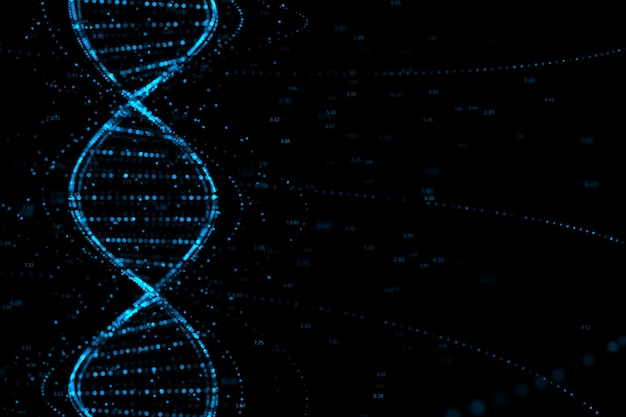 Molecola di DNA wireframe blu brillante digitale astratta su sfondo scuro con posto per il tuo logo o poster pubblicitario concetto di biotecnologia genetica rendering 3D mock up