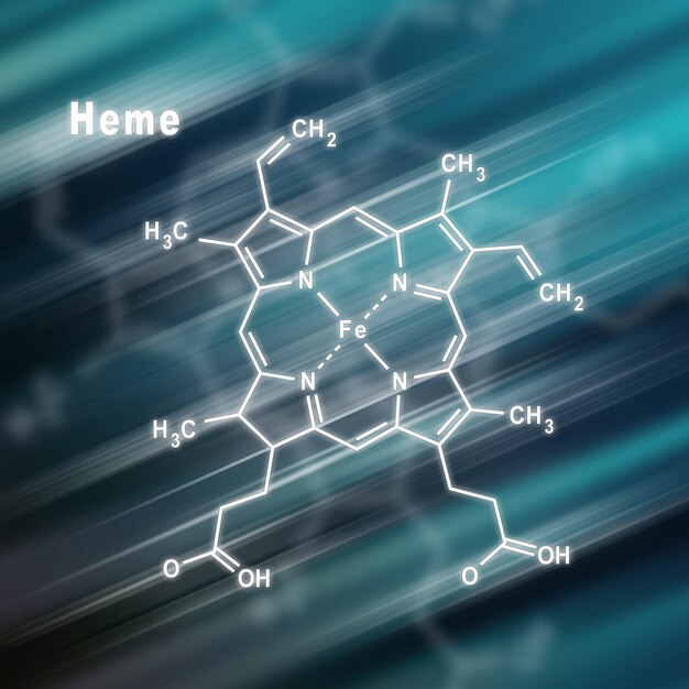 Molecola di eme Formula chimica strutturale sfondo futuristico
