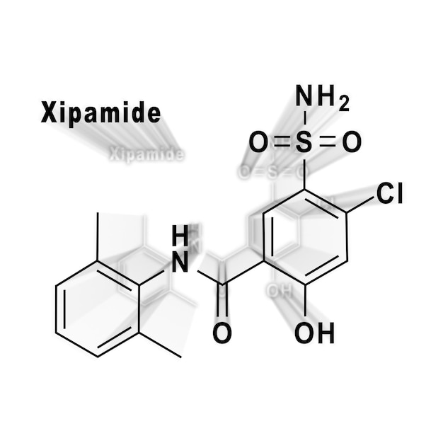 Molecola di xipamide, struttura chimica su sfondo bianco