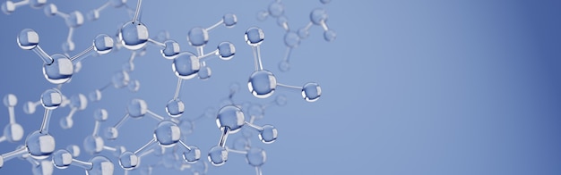Molecole d'acqua con copyspace. Scienza o background medico con molecole e atomi. rendering 3D.