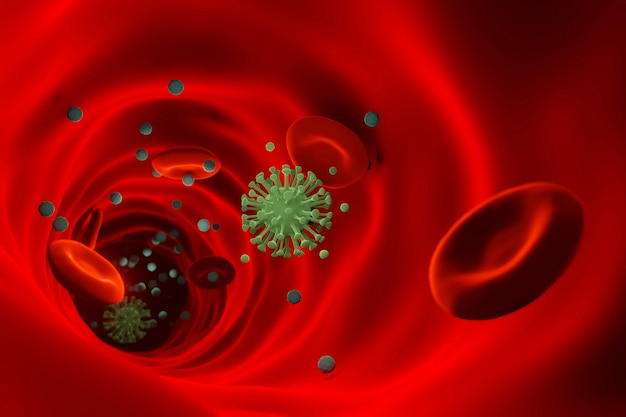 Molecole di coronavirus tra i globuli rossi nel flusso sanguigno di una persona infetta. Rendering 3D.