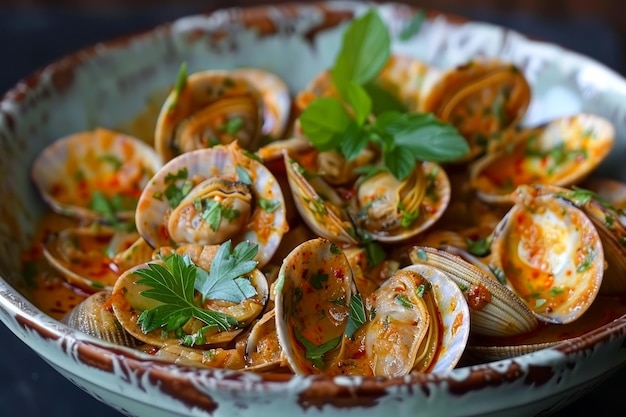 Mollusche fresche in un piatto di terracotta rustico Una delizia culinaria di frutti di mare su uno sfondo scuro