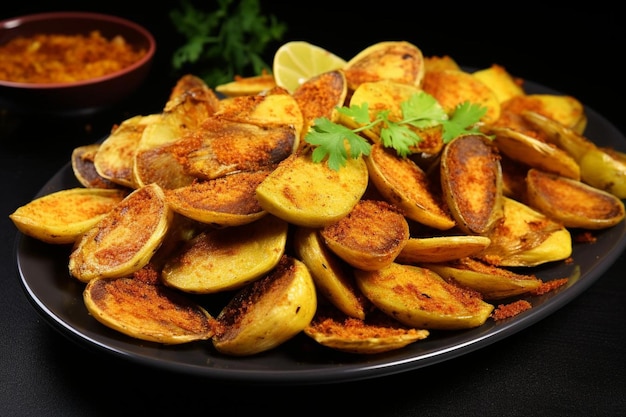 Mollusche fritte in polvere di curry su un piatto nero