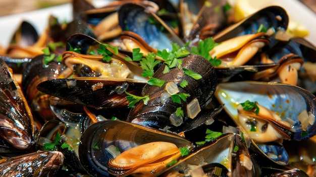 Molluschi succulenti di frutti di mare guarniti con salsa e prezzemolo