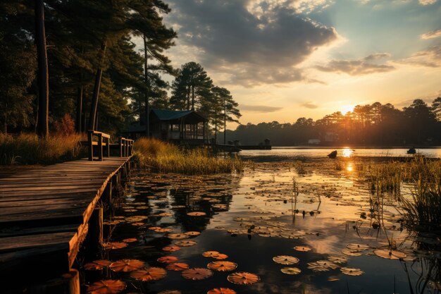 Molo di pesca al tramonto circondato da piante acquatiche generative IA