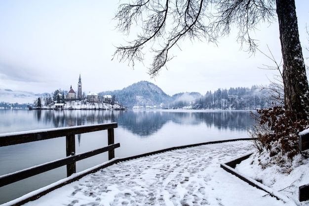 Molo in legno innevato sul lago alpino di Bled paesaggio invernale Travel Slovenia Europe