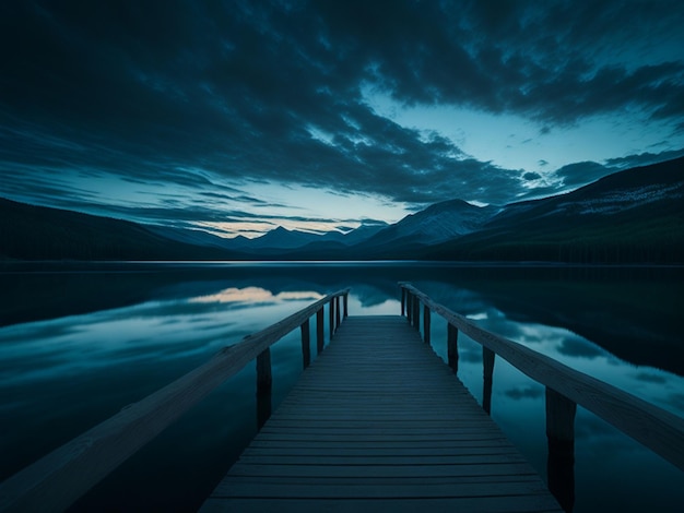 Molo in legno sul lago al tramonto con le montagne sullo sfondo