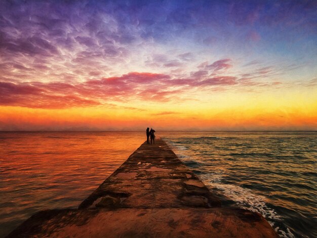 Molo in riva al mare sullo sfondo di un bel tramonto Illustrazione