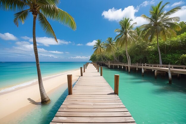 Molo o ponte di legno con spiaggia tropicale