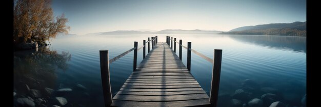 Molo sereno che si estende in un lago calmo