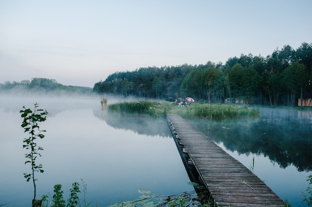 Molo sul lago vicino alla foresta