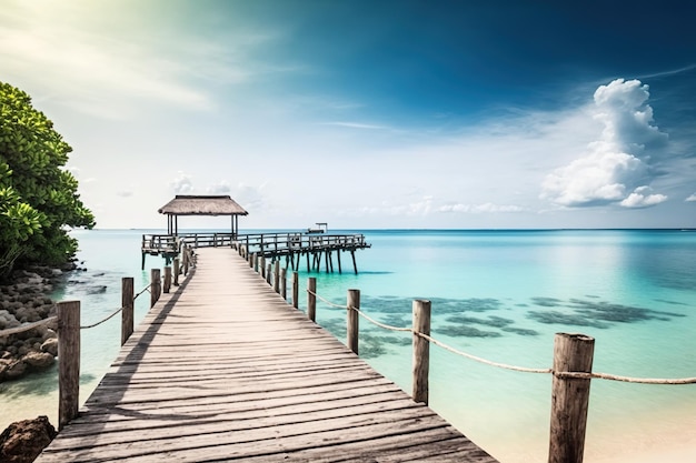 Molo tranquillo su una spiaggia paradisiaca con vista sull'oceano senza che nessuno abbia generato Ai