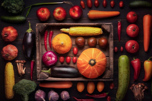 Molta frutta fresca su un tavolo di legno in un cassetto Vista dall'alto su sfondo nero raccolto autunnale assortito su un tavolo rustico