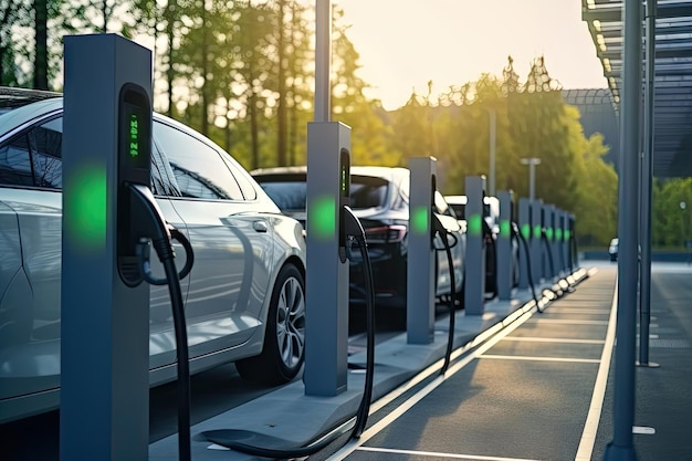 Molte auto che si ricaricano alla stazione di ricarica Ev concetto moderno di risparmio energetico