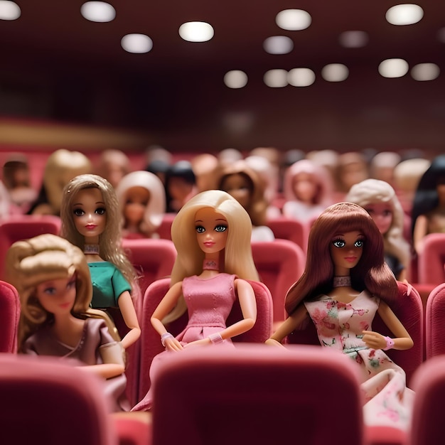 Molte bambole barbie nella sala del cinema