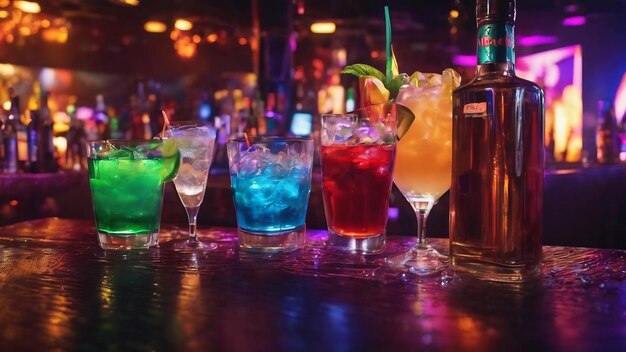 Molte bevande alcoliche al bar di una festa funky sotterranea, pista da ballo vuota in un nightclub.