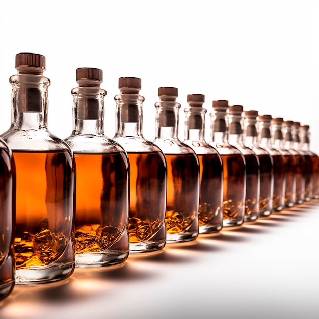 Molte bottiglie identiche di cognac whisky brandy alcol in una fila l'una accanto all'altra su un bianco