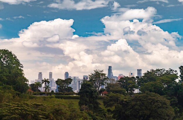 Molte cime dei grattacieli di singapore su sfondo vista attraverso il cielo blu della giungla e grandi nuvole