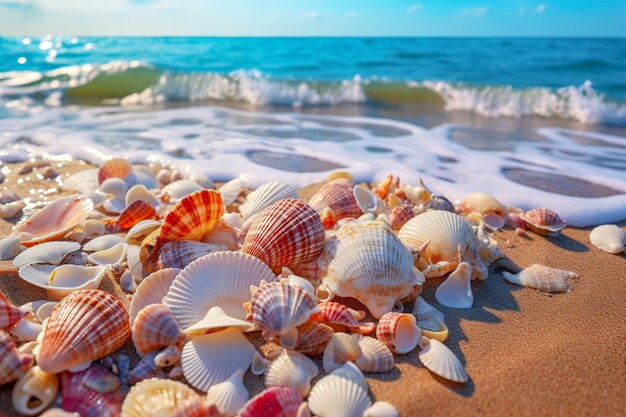 Molte conchiglie vuote sulla spiaggia vista ravvicinata sullo sfondo del mare