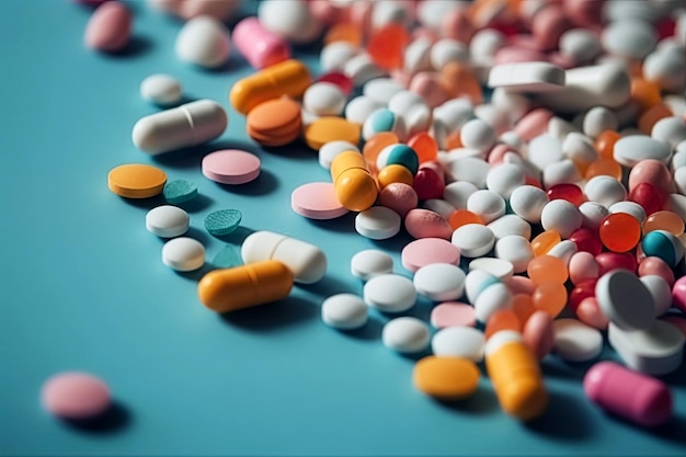 Molte diverse pillole e medicinali per il trattamento di malattie su sfondo blu Illustrazione dell'IA generativa