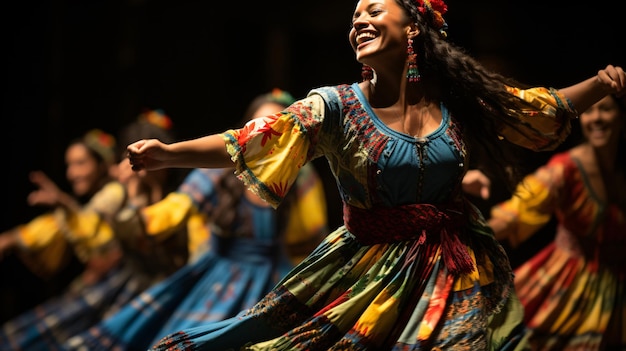Molte donne in abiti tradizionali stanno ballando insieme