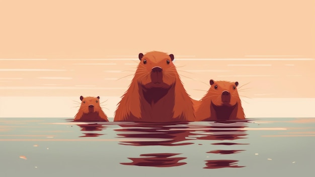 Molte illustrazioni minimaliste con capybaras nel colore del legno di rosa