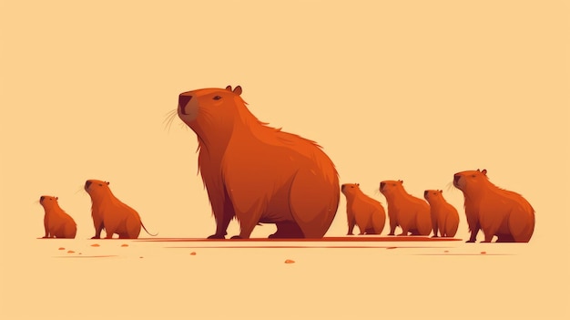 Molte illustrazioni minimaliste con capybaras nel colore Rust