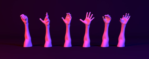 Molte mani alla luce al neon su uno sfondo scuro, 3d'illustrazione