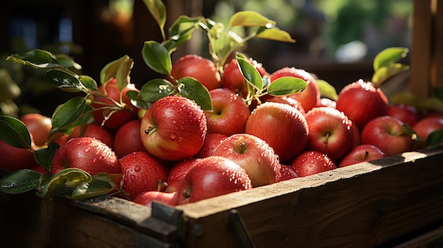 Molte mele rosse fresche in scatole di legno Generative Ai