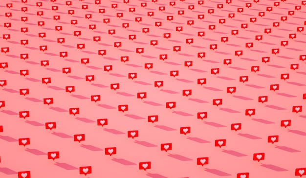 Molte notifiche di social media 3d amano l'icona del cuore nel modello di perno quadrato arrotondato rosso. Rendering 3D