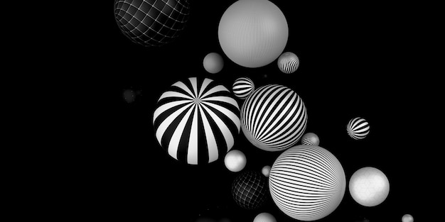 Molte palline decorative Illustrazione 3D a strisce orizzontali in bianco e nero