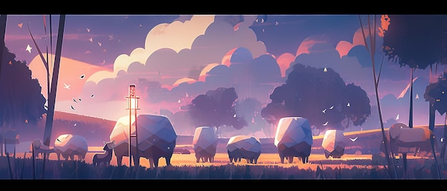 molte pecore in piedi in un campo con uno sfondo celeste