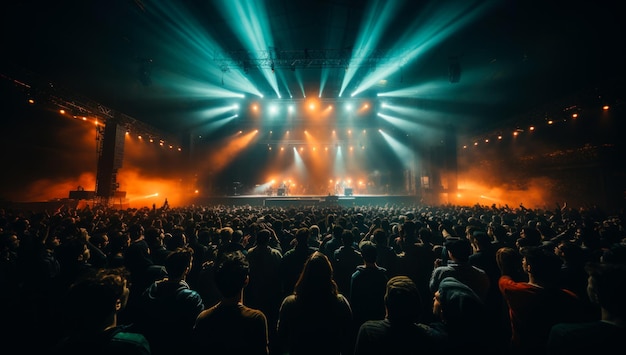 Molte persone stanno di fronte al palco Fan che guardano il concerto Proiettori luminosi illuminano il pubblico IA generativa