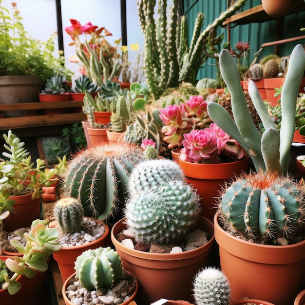 Molte piante succulente e cactus in miniatura in mostra