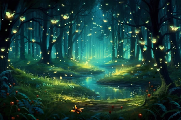 Molte piccole lucciole nell'oscura foresta magica