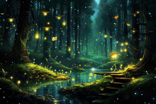 Molte piccole lucciole nell'oscura foresta magica