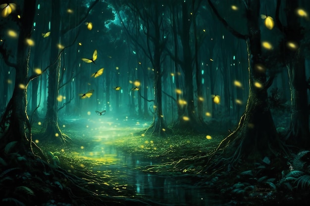 Molte piccole lucciole nella buia foresta magica