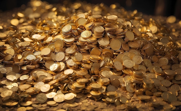 Molte pile di lingotti d'oro e monete d'oro